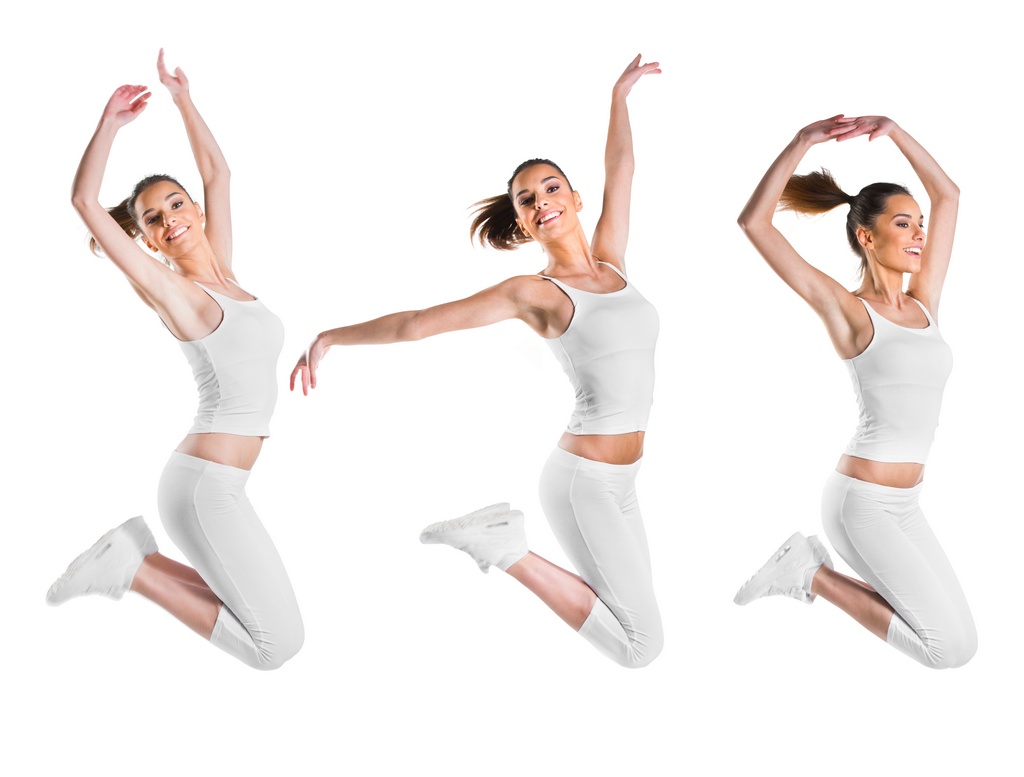 Fit, beautiful, young woman jumping, three poses